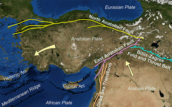 Les principales structures tectoniques autour de la plaque anatolienne (Source : Wiki CC– Mikenorton)